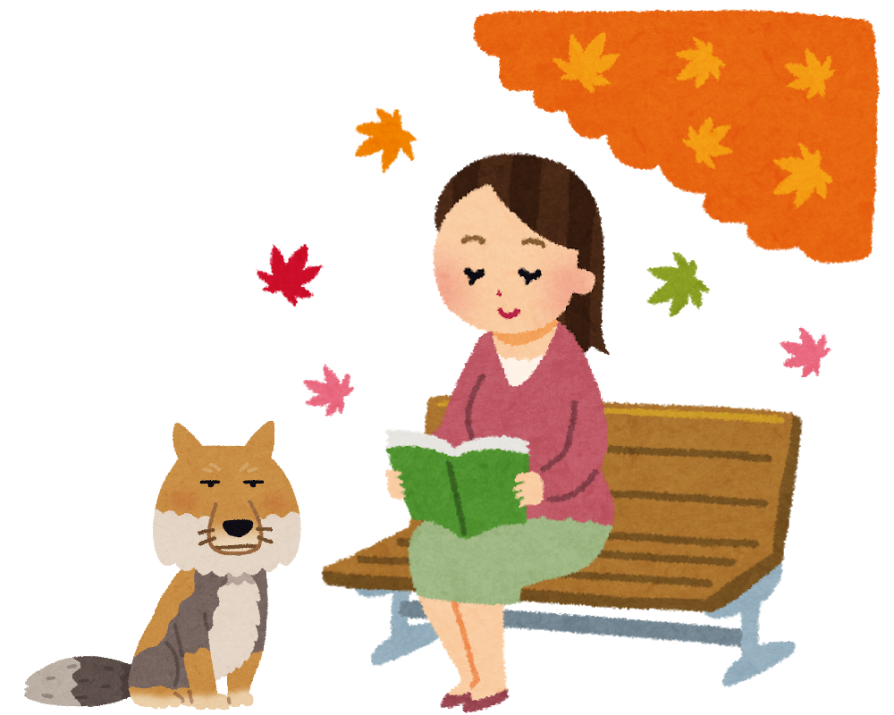 読書の秋のイラスト「ベンチで本を読む女性」